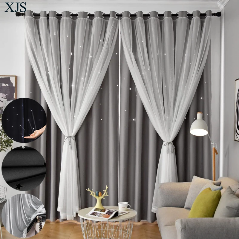 

Blackout Curtains for Bedroom Double Layer Star Cutout Cute Curtain Grommet Top Window Curtain Panel for Living Room and Nursery