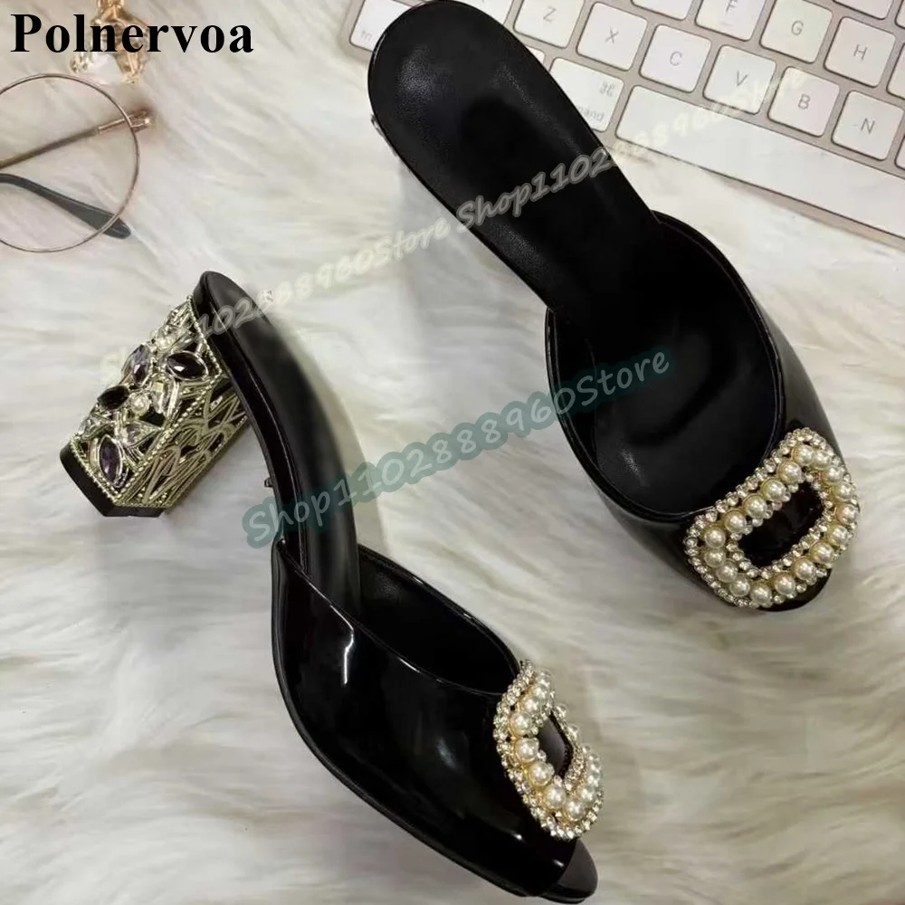 

Trendy Black Leather Pearl Crystal Slippers Block Heel Shoes For Women Slip On Peep Toe Luxury Gorgeous Stylish Women Slippers