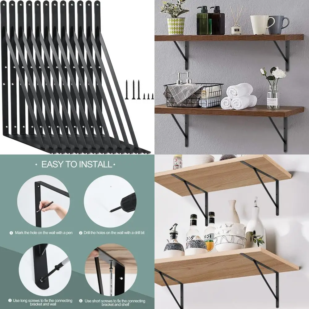 

Heavy-Duty Metal Shelf Brackets, 12-Pack, Black, L18 x H12, Strong Support for Shelves, Angle Brackets, L-B Configuration, with