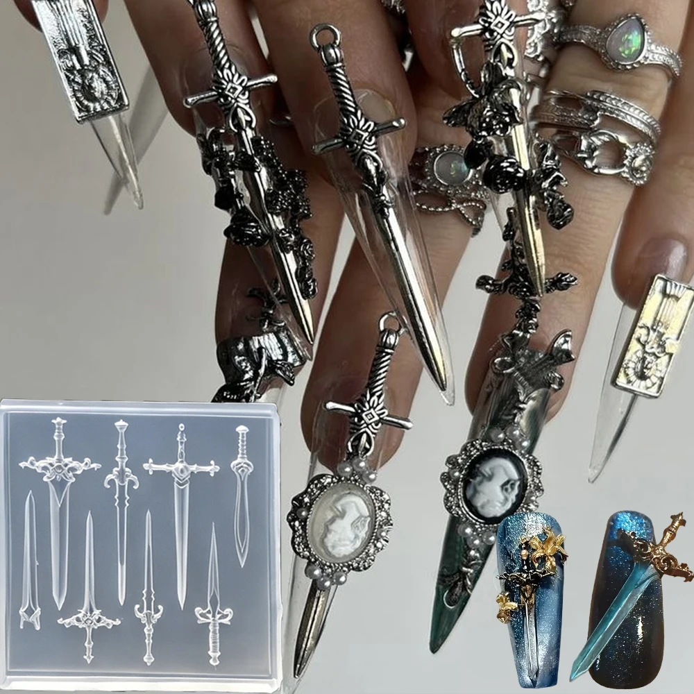 1pcs 3D Various Styles Of Swords Silicone Nail Art Mold Retro Punk Cross Sword Carving Transparent Mold DIY For Nail Beginners(*