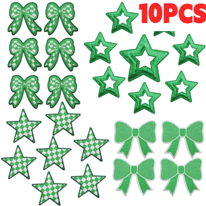10PCS Green Style Game Day Embroidery Cloth Stickers Cheerleaders Encouragement Patch Stickers Decoration Bows Ironing Wholesale