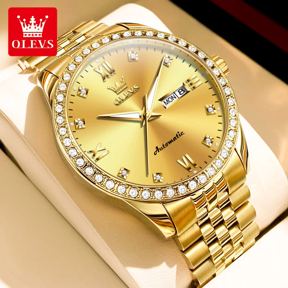 OLEVS 7012 Luxury Men\'s Watches Fashion Golden Automatic Mechanical Watch for Man Waterproof Luminous Date Week Diamond Bezel