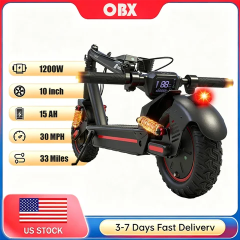 OBX 1200W Electric Scooter 10 Inch Folding E Scooter with 48V 15Ah Battery Dual Suspension Adult Commuter Scooter 25KM/H