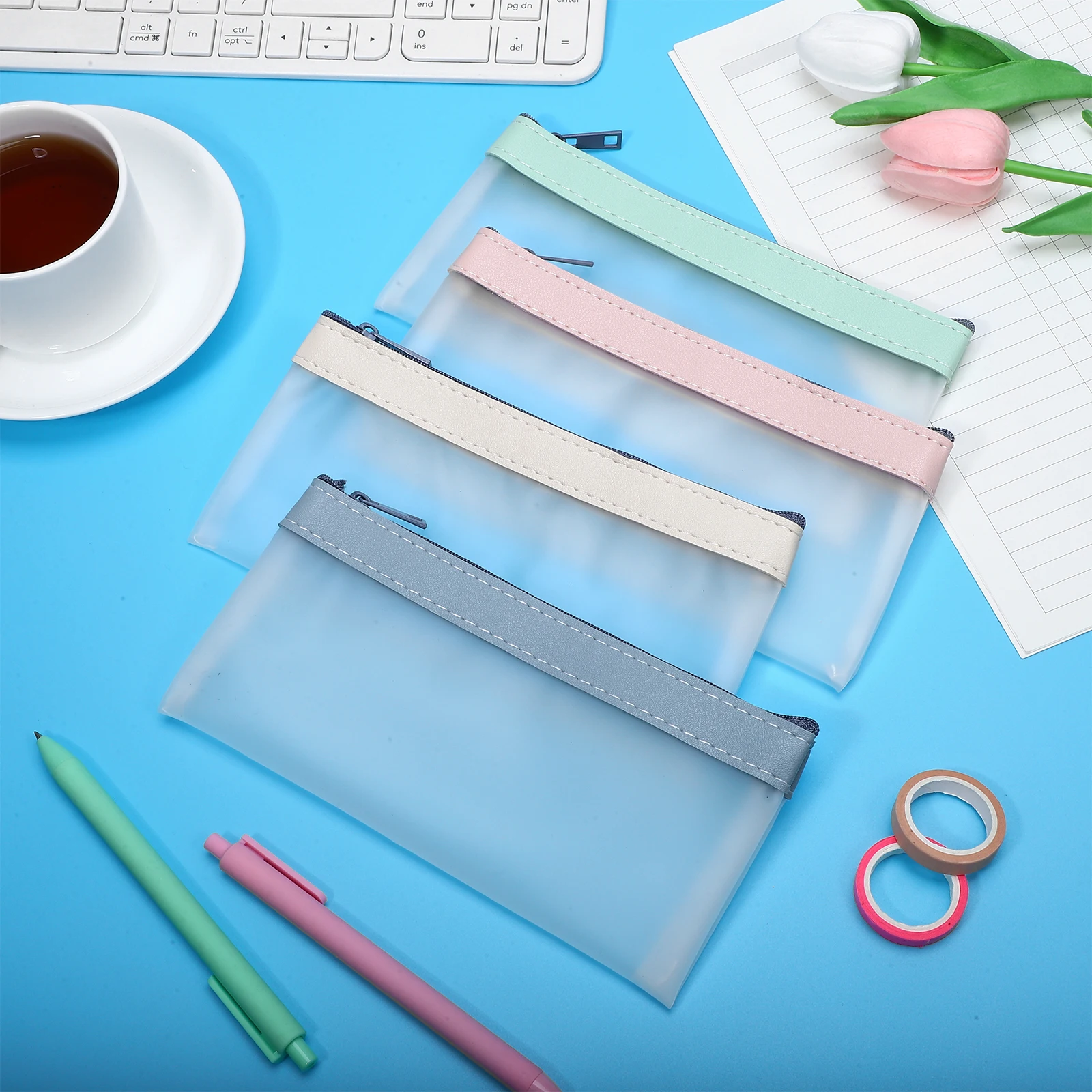 

4pcs Clear Zipper Pouches Money Pouches Cash Bags Coin Containers Green Beige Stationery Organizer Pen Cases Pencil