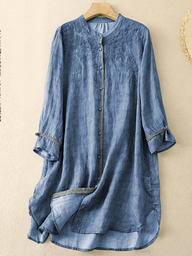 

Loose Women's irt Stand Collar Embroidered Sun Protection Vintage plus Size Open Cardigan Fem Faion Summer Casual Wear