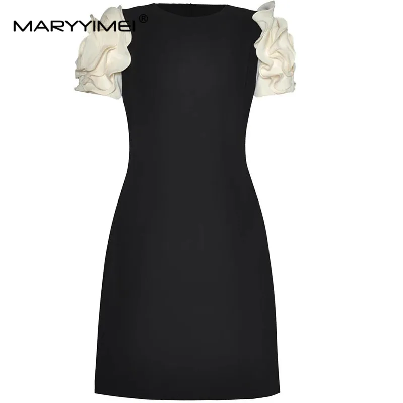 MARYYIMEI Fashion Designers Summer Woman's dress Petal Short sleeved Pocket Mini Black Dresses