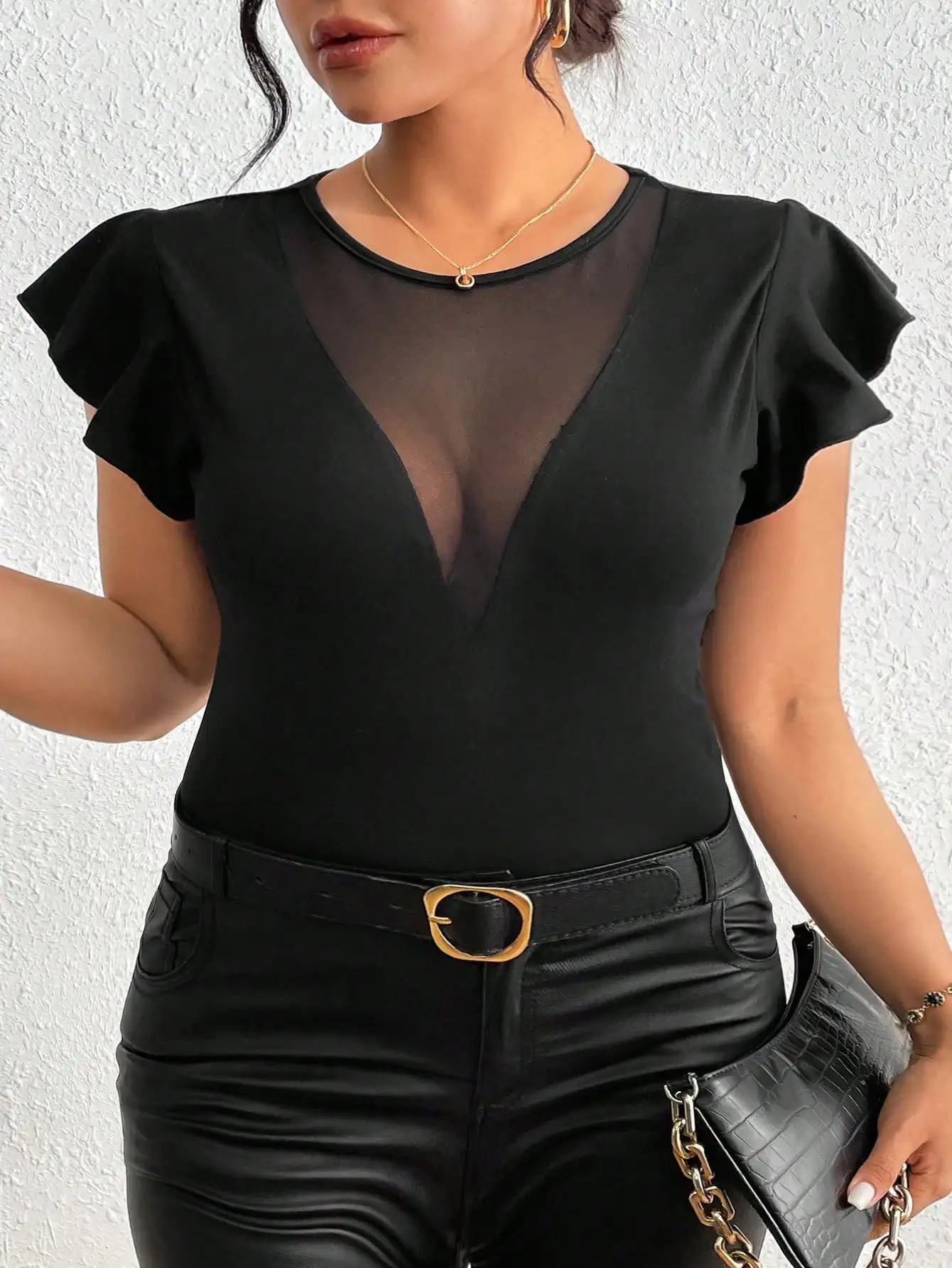 Women Plus Size V-Neck High-Stretch Solid Color Patchwork Ruffle Sleeve  T-shirt, Concert Outfit Rave Outfits Festival