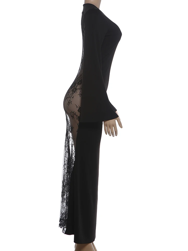 Weird Puss Spitzen-Patchwork-Kleid Damenmode Einfaches O-Ausschnitt Puffärmel Stretch Trend Elegantes Bankett-Party-Club-Langes Bodycon-Kleid – Detail 5