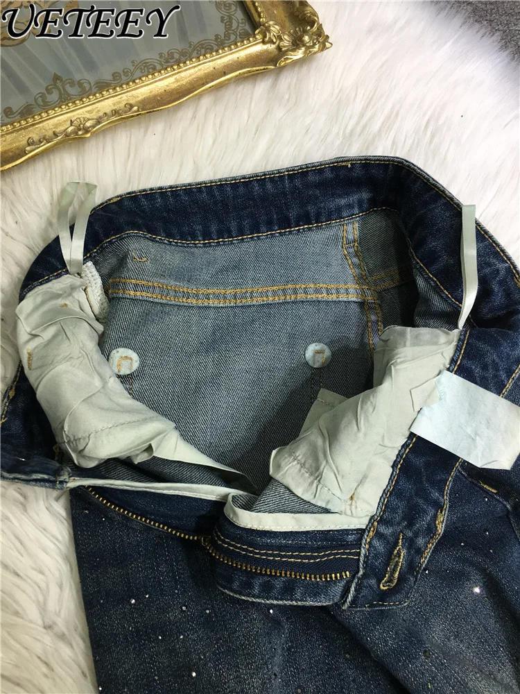 الخريف الشتاء الثقيلة حجر الراين الجينز للنساء عالية الخصر السراويل المستقيمة الراين ملابس خارجية السراويل الطويلة الدنيم