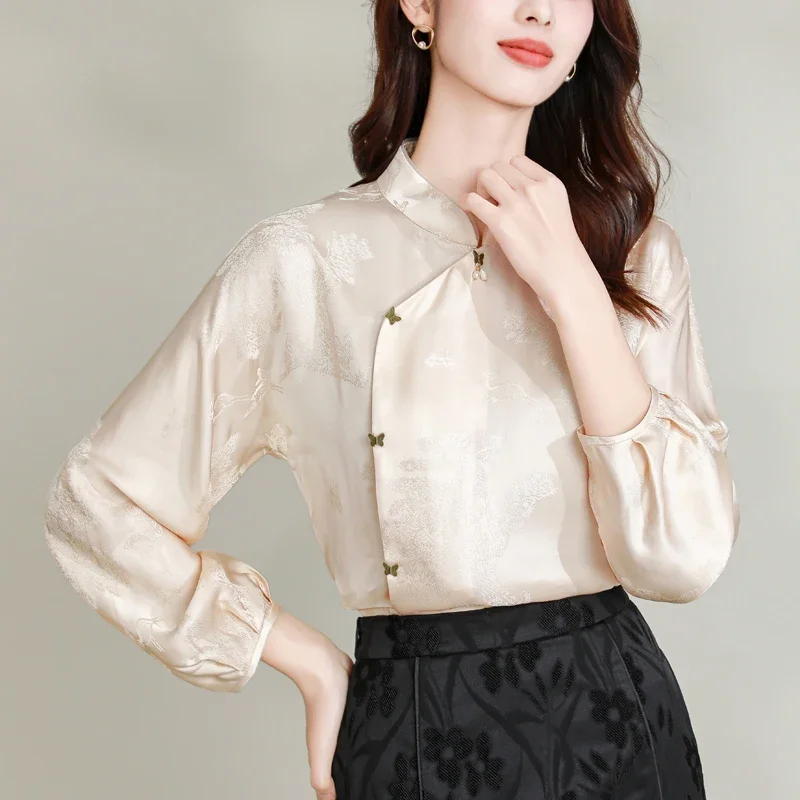 Women's Chinese Style Silk Shirt, Satin Blouses, Loose Prints Clothing, Long Sleeves, Floral Women Tops, Spring, Summe