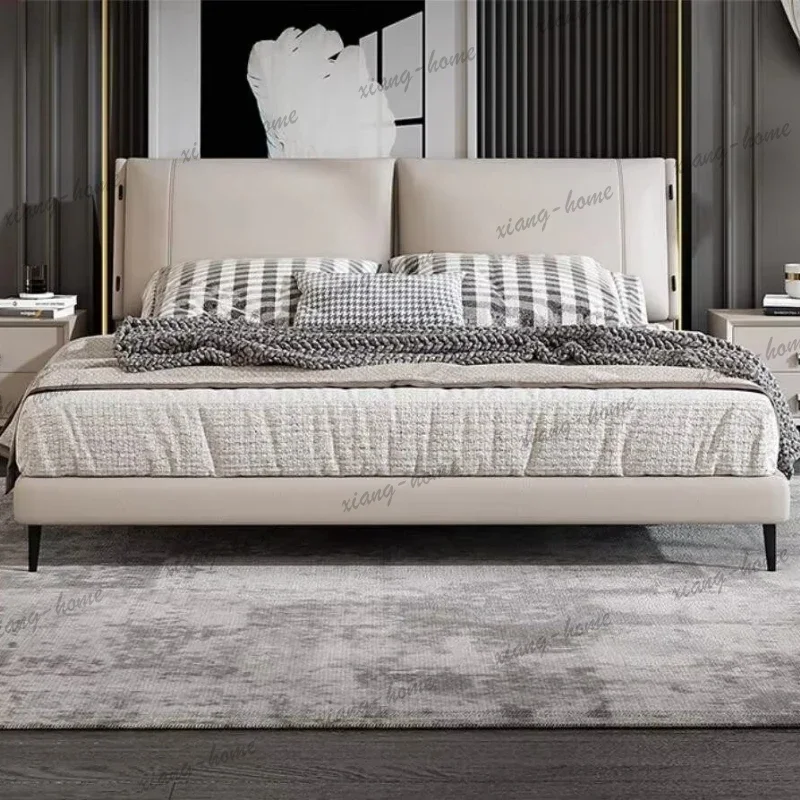 YJ Modern Luxury Italian Minimalist Bed, Ergonomic Split Headboard Beige Leather Upholstered Heavy Support King Size Bed