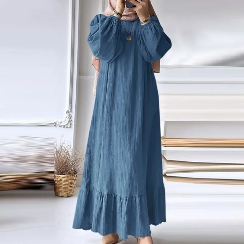 ربيع الخريف أزياء المرأة المسلمة رداء طويل الأكمام الرجعية بلون فستان ماكسي مع تنحنح تكدرت 30