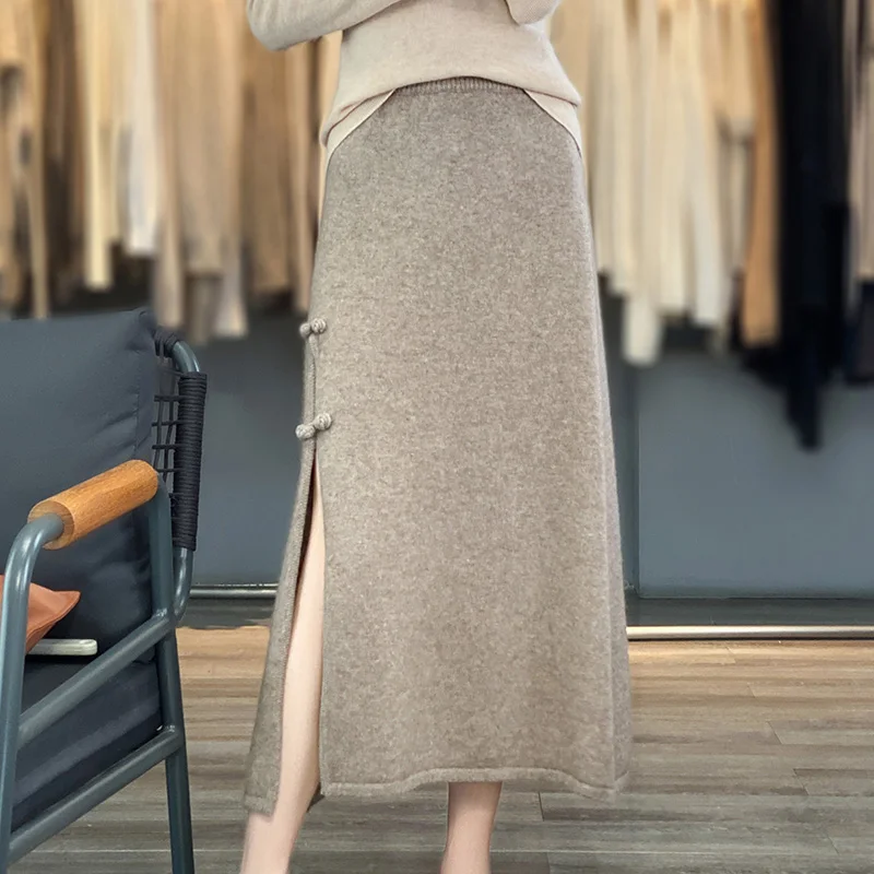 

Knitted Skirt Wool Midi Skirt Long Elegant Dress Chinese Style Knitted Dresses Women Winter Clothes For Women Cashmere Skirt