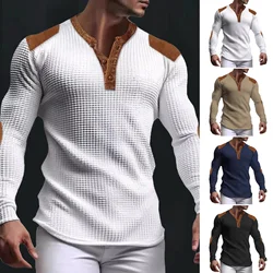 Winter Autumn Solid Color Slim Long Sleeve T-shirt Men's Small V-neck Breathable Sports Coat Waffle Cotton Casual Long Sleeve