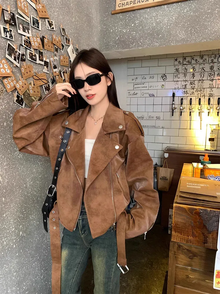 

Women's Faux Suede Oversize Jacket Long Sleeve Lapel Zipper Coat Vintage Brown Outwears 2025 New Lady Fashion Streetwear Clothes