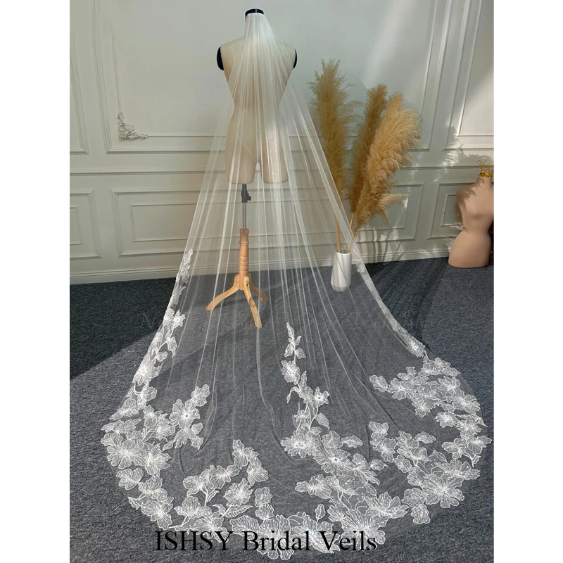 فريدة من نوعها مطرز سباركلي الزفاف الحجاب الزهور الكبيرة الزهور الساطعة كاتدرائية طويلة الأبيض العاجي تول للعرائس #2