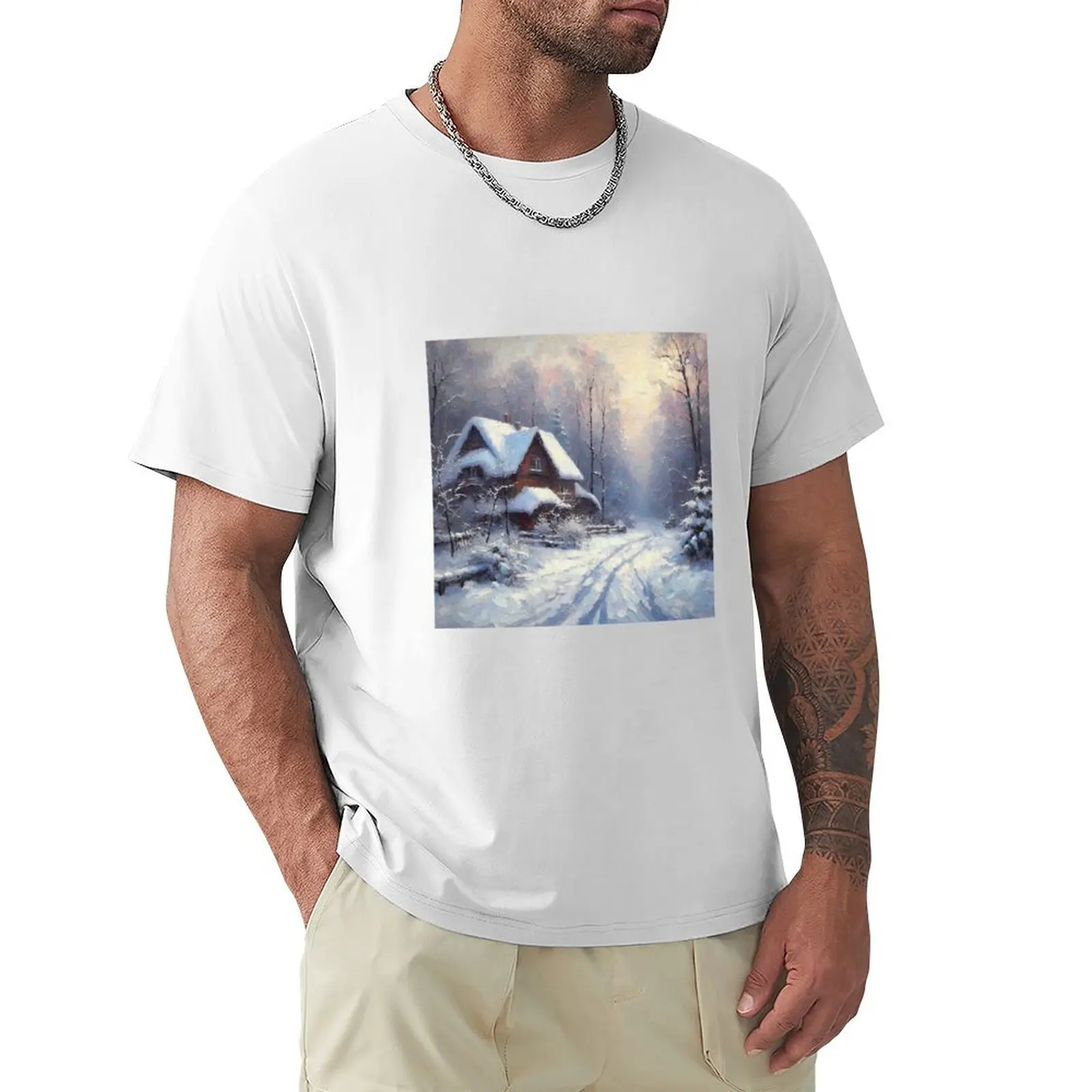 Winter Scene T-Shirt summer top blacks sweat korean fashion Men's clothing