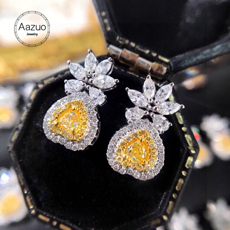 Aazuo 18K High-end Jewelry White&Yellow Diamonds Lovely Heart Stud Earring Gifted For Women Wedding Party Chain Real Gold Au750