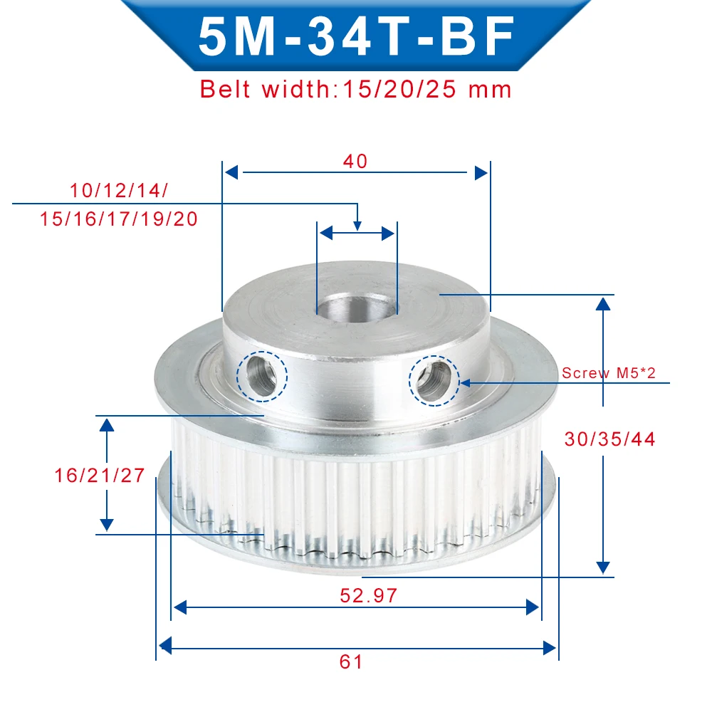 Belt Pulley 5M-34T  Inner Bore 10/12/12.7/14/15/16/17/19/20 mm Alloy Pulley Wheel Circular Arc Tooth For 5M Rubber Belt Width 25