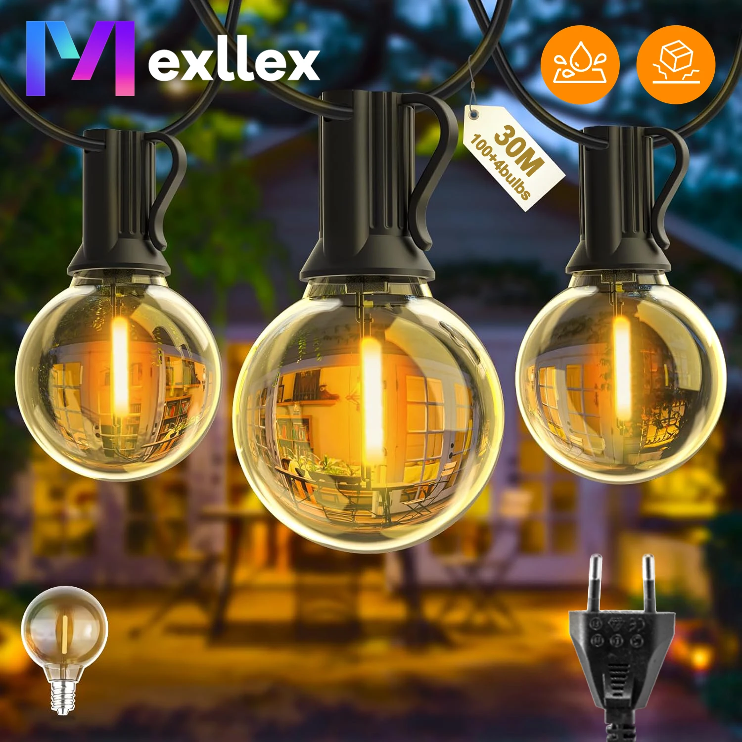 Mexllex G40 LED Globe String Lights Outdoor with Plug, Plastic Waterproof Bulbs For Christmas Party Garden Decorate Garland Lamp