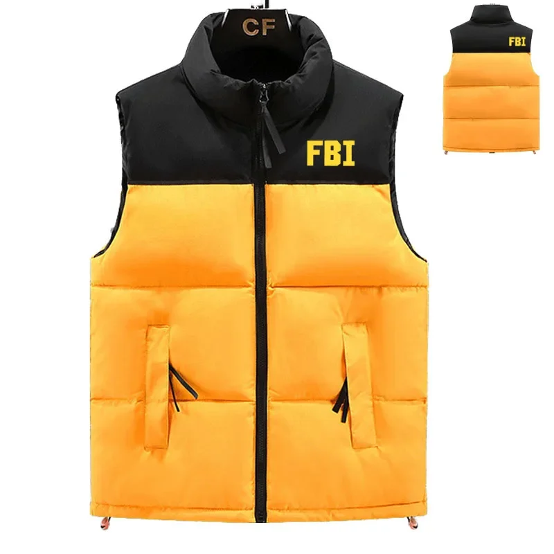 Doudoune en coton épais pour hommes, gilet haut de gamme, conception de contraste de document imprimé FBI, haute qualité