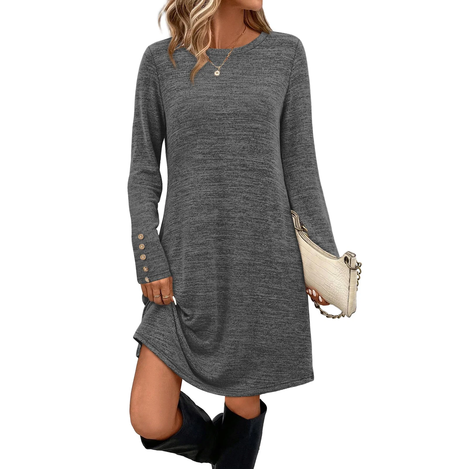 فستان نسائي بقلنسوة بأكمام طويلة ورقبة دائرية وجيب مطوي وجيب مريح كاجوال متوسط الطول وتنورة على شكل حرف A فساتين سهرة