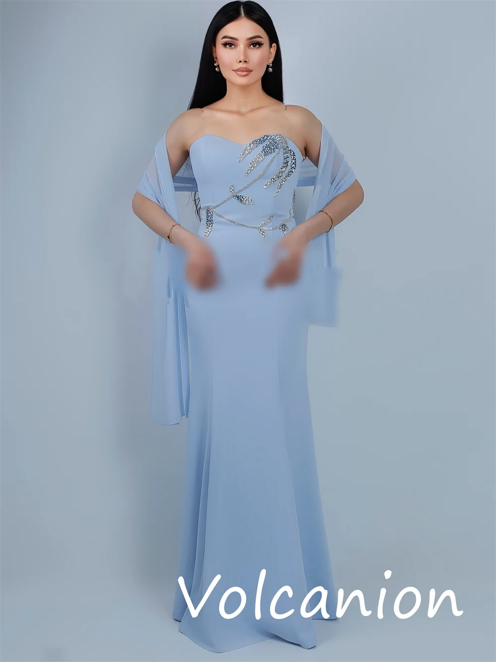 Customized Modern Style Jersey Sequined Trumpet Strapless Long Dresses Bespoke Occasion Elegant Simple