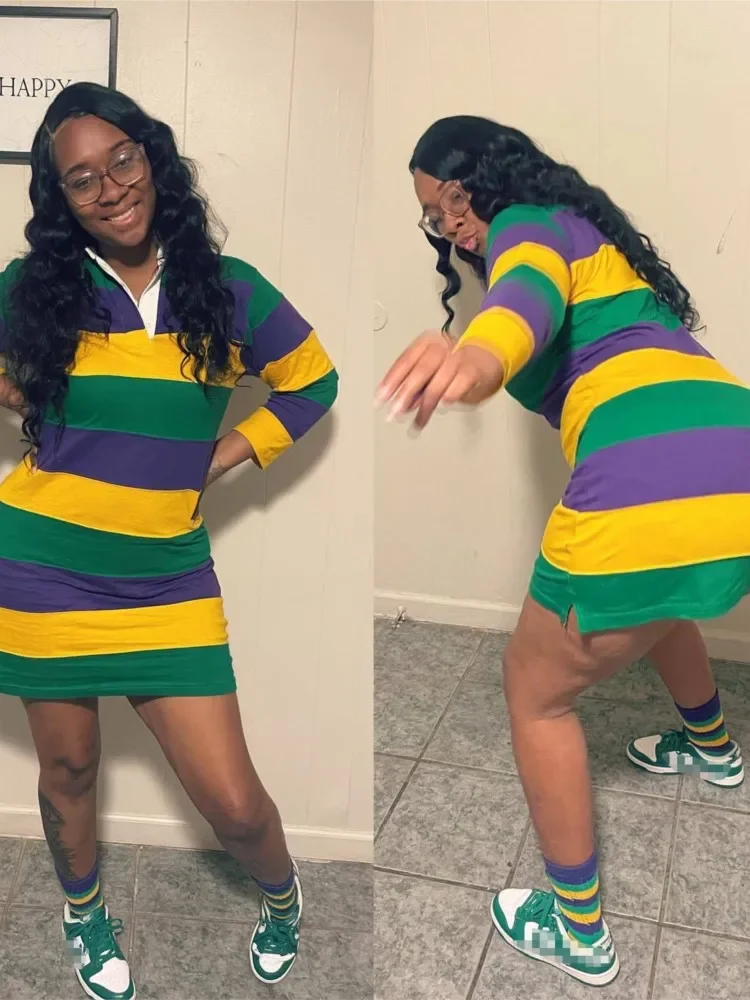 Women Long Sleeve Sriped Print Fashionable Striped Printed POLO Collar Three-quarter Sleeve Street Casual T-shirt Style Dresses