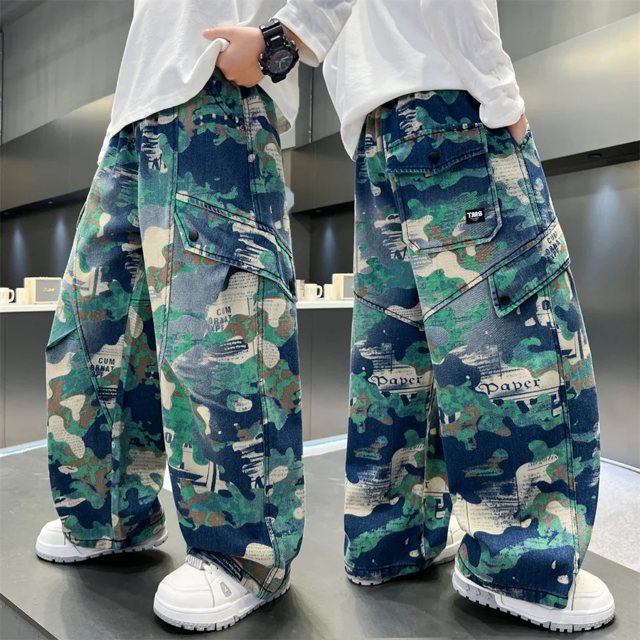 

New Stylish Children Camouflage Denim Pants for Teenage Boy Hip Hop Fashion Style Green Camo Jeans Kids Street Trousers 5-14 Y