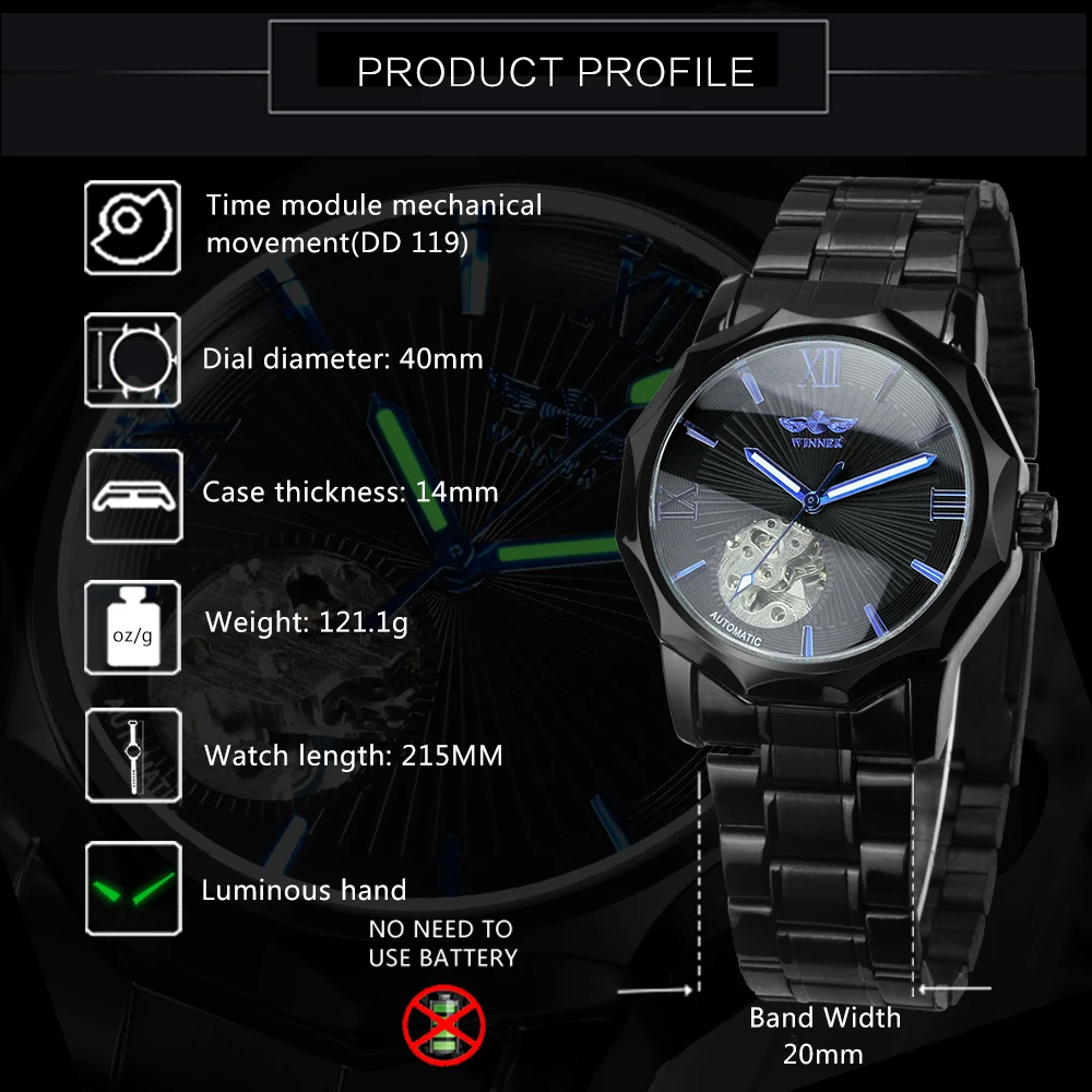 WINNER Fashion Business Mens Watches Top Brand Luxury Skeleton Automatic Mechanical Watch Stainless Steel Strap Luminous Hands