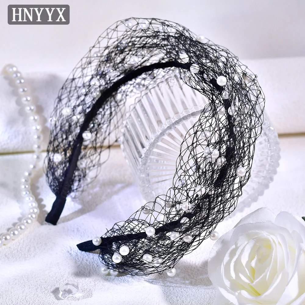 

HNYYX Elegant White Pearl Hairband Bridal Mesh Veil Fashion Face Decoration Prom Dress Up Veil Holiday Hair Accessories A310
