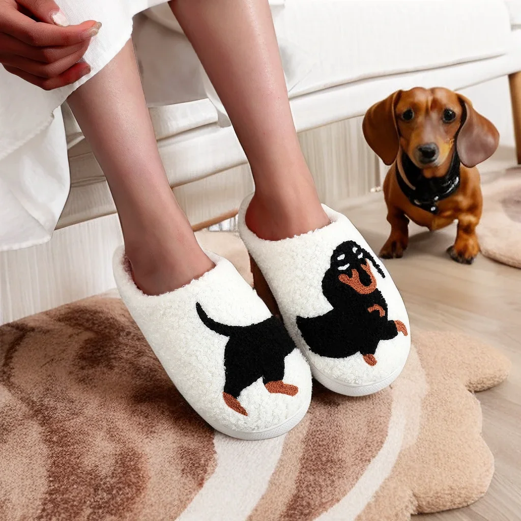 Pet Pattern Dachshund Embroidery stuffed Home Thick Sole plaid Furry Cotton Slippers Cute Warm Non-slip Indoor Slippers Pet Mom