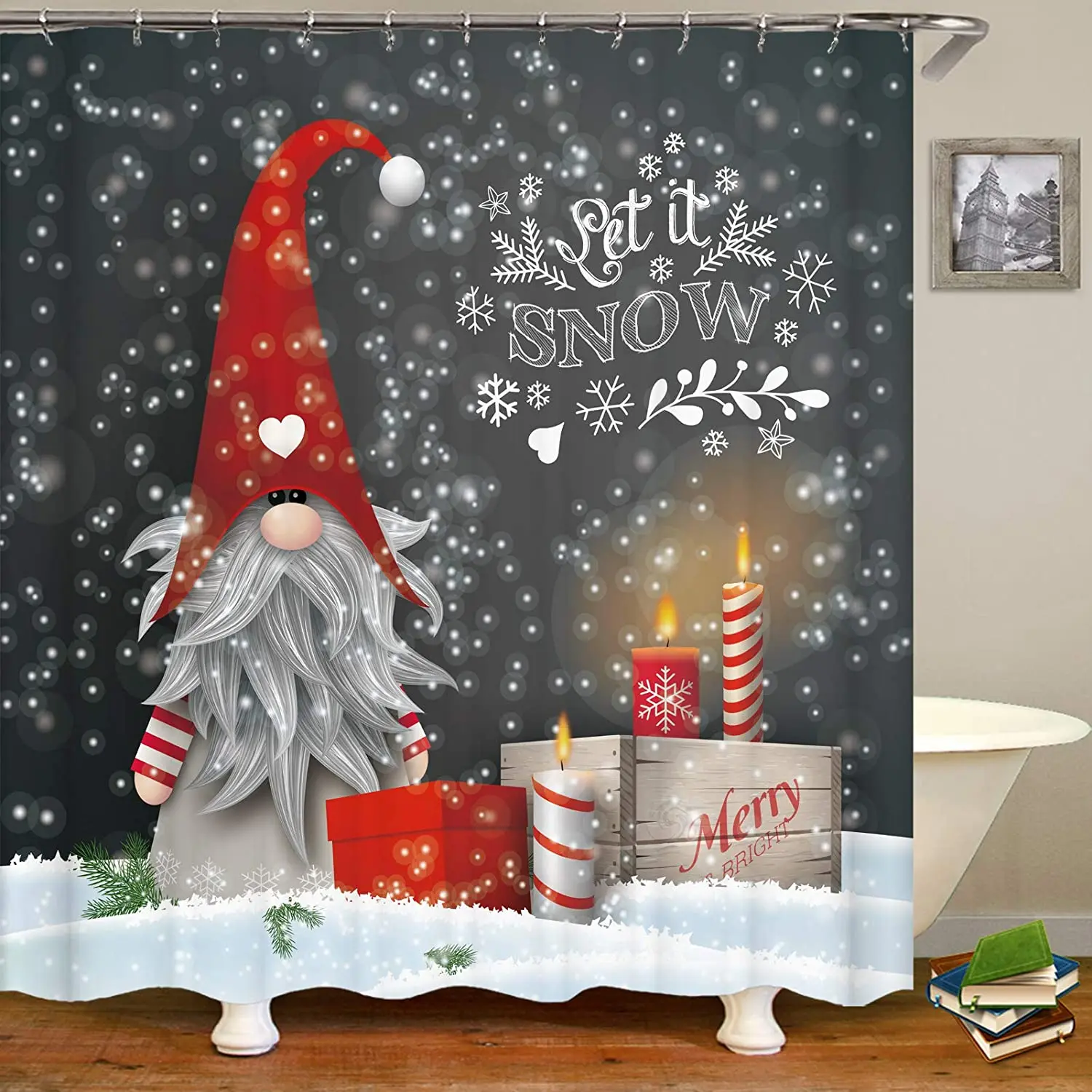 Christmas Shower Curtain Fireplace Gifts&Socks New Year Holiday Bathroom Decor Red Shower Curtains for Christmas Bathroom Sets