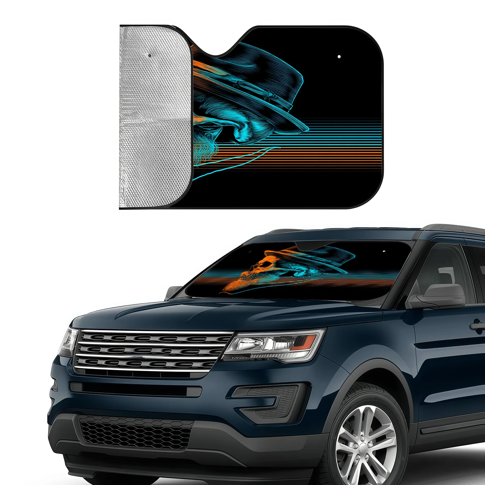 Neon Skull Car Sunshade With 4 Suction Cups - Trendy Cyber Style, Easy Installation & Durable Front Windshield Cover For Enhance
