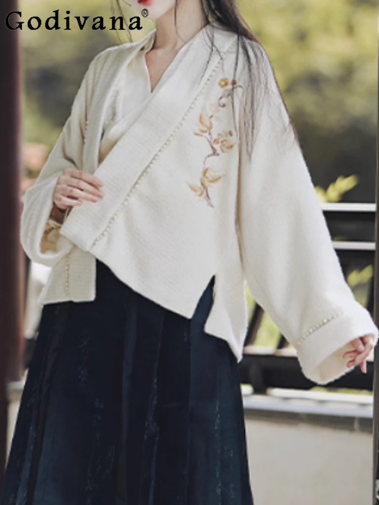 

New Chinese Retro V-neck Loose Long-sleeved Versatile Fashion Coat Elegant Lolita Age-reducing Cute Girl White Short Coats