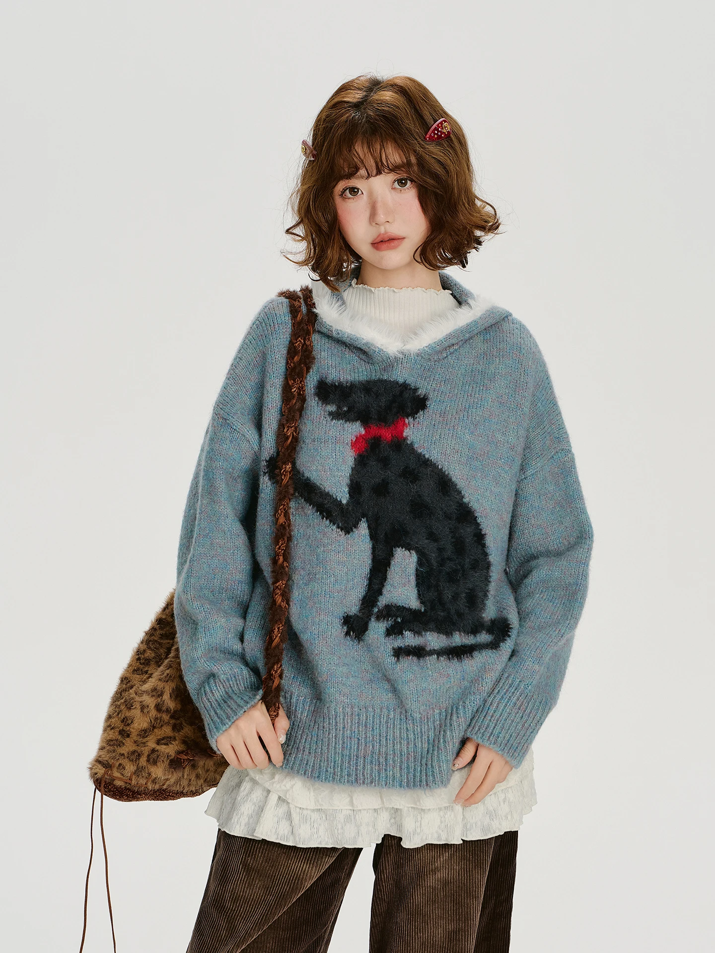 

Girly American Retro Spot Dog Embroidered Hoodie Women's Loose Knitted Sweater Autumn New Sle Comfortable Long Sve Top