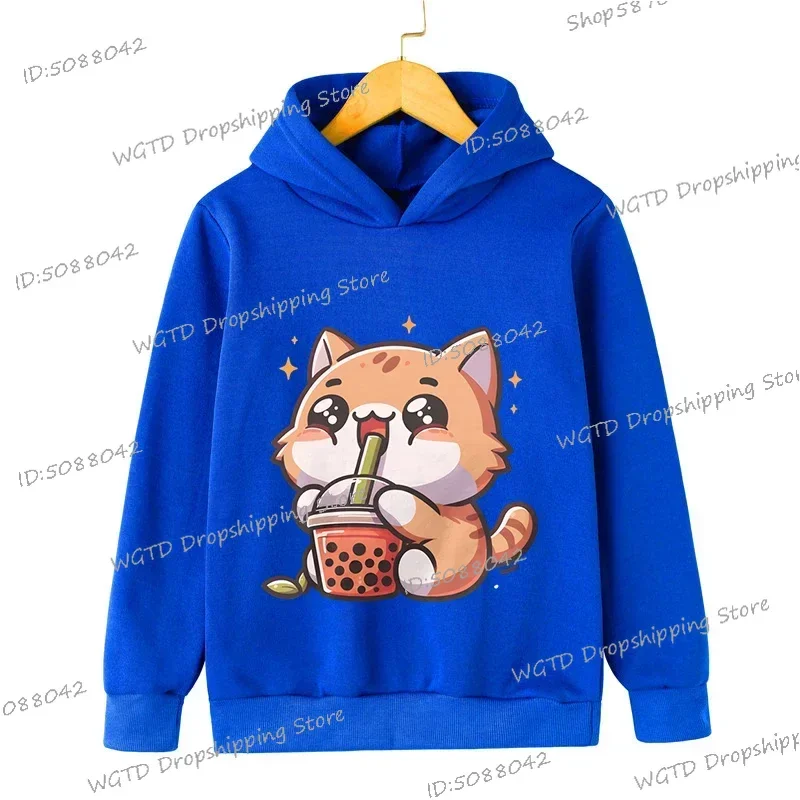 Children Clothing Ginger Cat Bobo Tea Sweatshirts Fashion Long Sleeve Boys Girls Animal Lovely Hoody Kids Kitten Milk Tea Hoodie