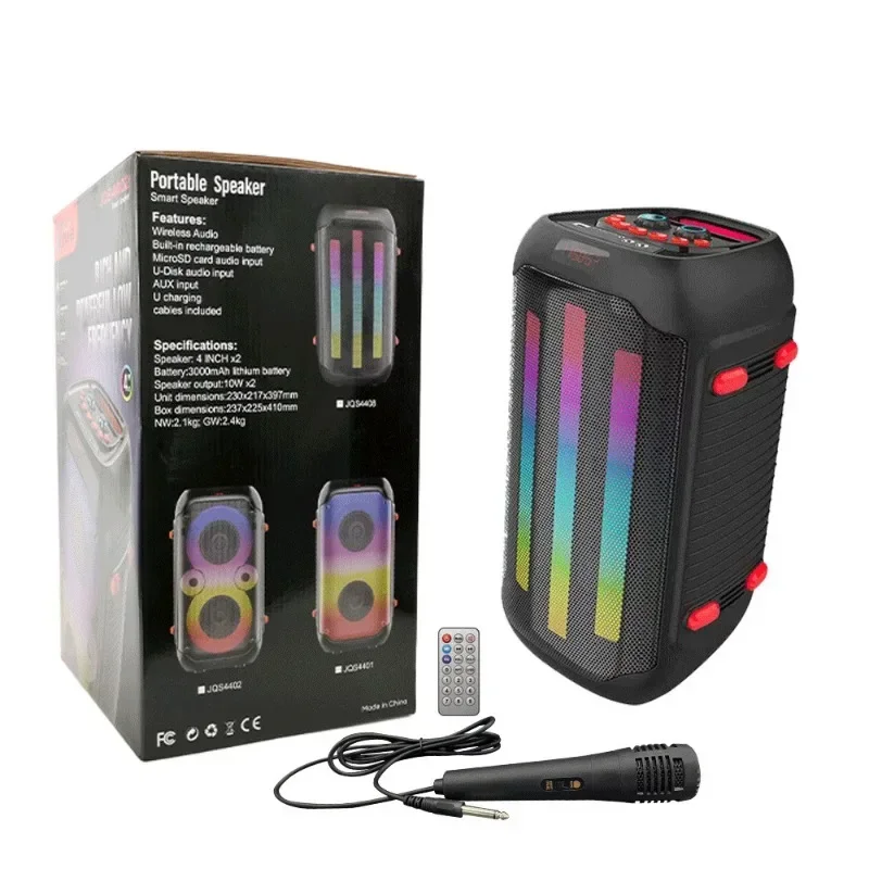 JQS4408 Portable Super Bass Speaker Bluetooth Stereo Surroud with RGB Light Wired Mic Support Multiple Playback Modes FM DJ Box