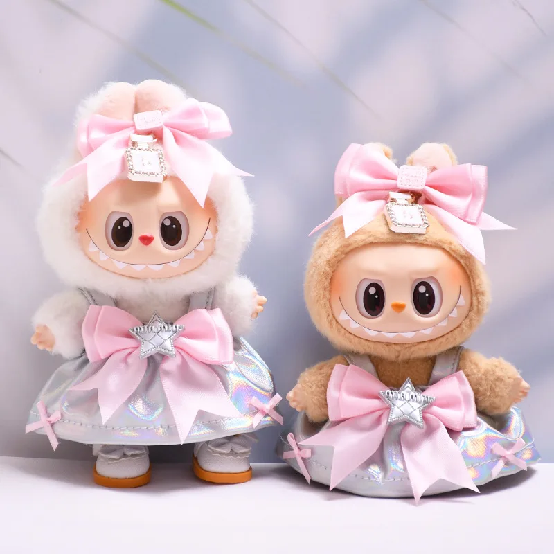 

17cm doll Universal Baby Clothes Vinyl Pendant Doll Clothes New Silver laser skirt bowknot Set Kawaii decoration girl gift