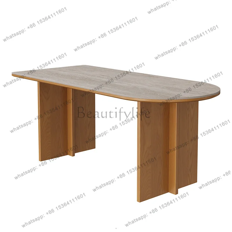 

Household travertine rock slab dining table log wind small apartment semi-round table