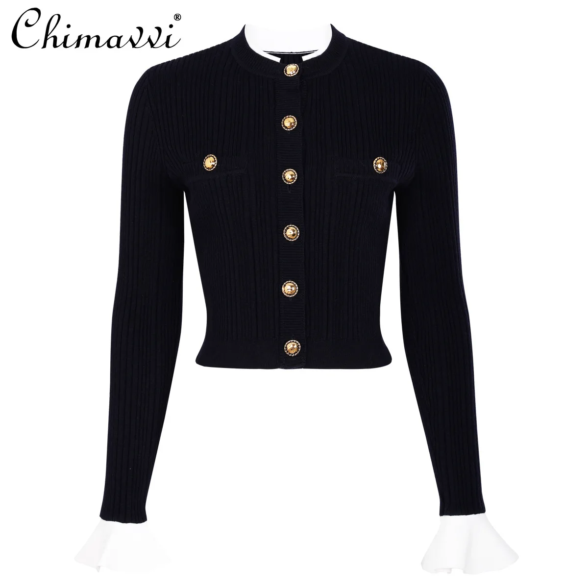 

Весенне-осенний новый модный вязаный топ с длинными рукавами и короткими золотыми пуговицами, круглым вырезом, женский тонкий элегантный пригородный свитер, кардиган