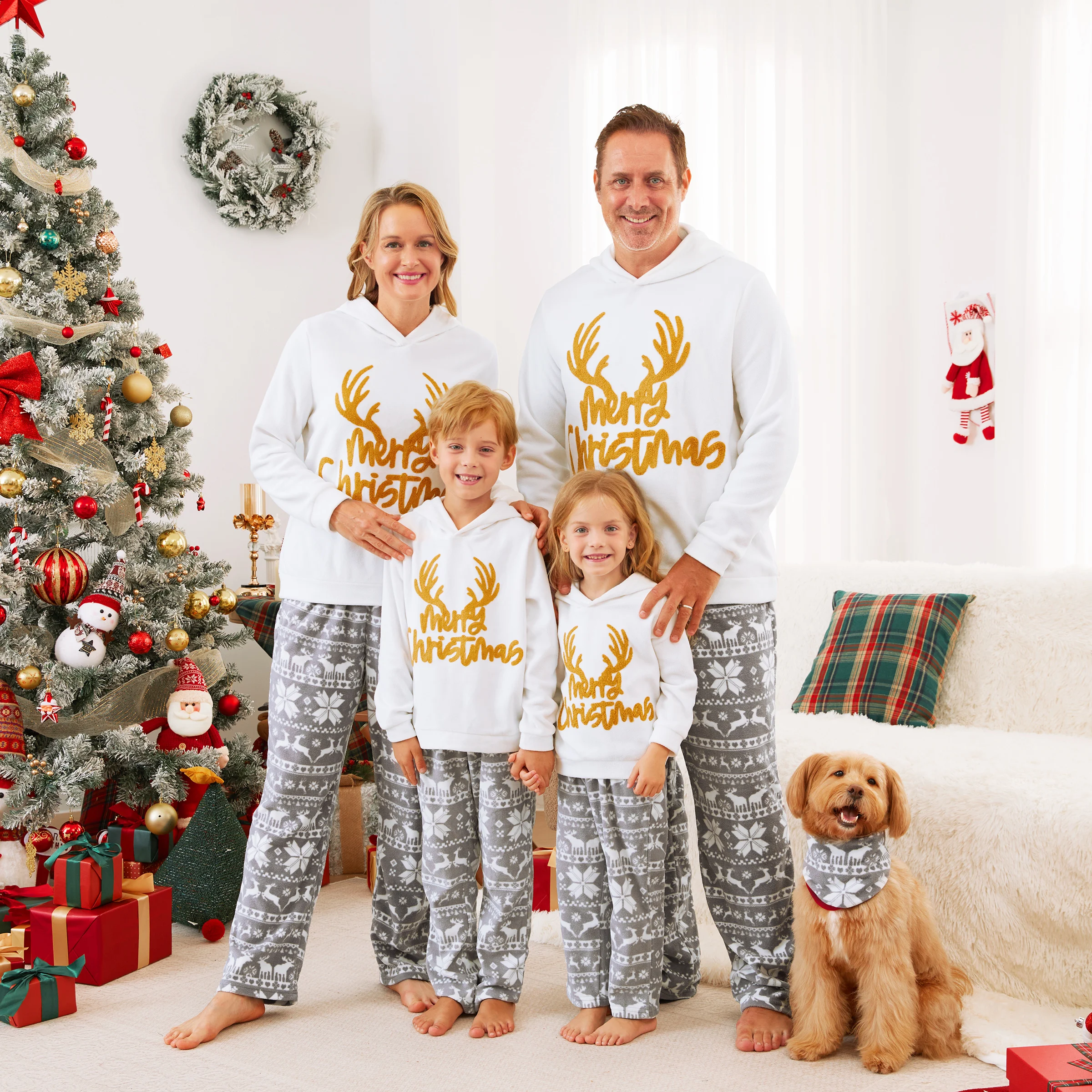 PatPat Christmas Family Matching Letters Embroidered Long-sleeve Hooded Fleece Pajamas Sets