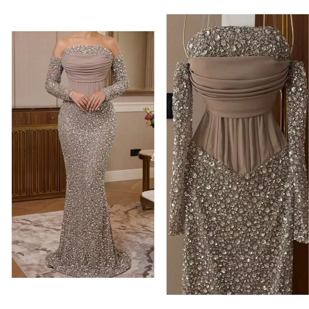 Custom Made Evening Dress Sparkling Prom  Gowns Shining Crystal Party Gowns Long Sleeves Lace-up Back