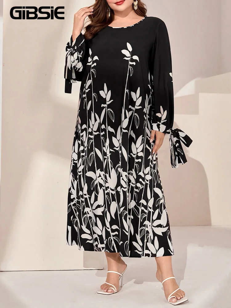 

GIBSIE плюс размер платье с галстуком-бабочкой и длинным рукавом с принтом женское весенне-осеннее повседневное платье с круглым вырезом для отпуска женские свободные длинные платья макси