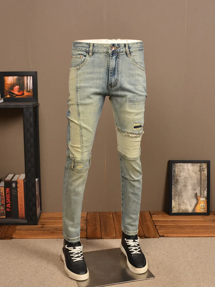 Nostalgic Retro Yellow Mud Color Ripped Stitching Jeans Men's Fashion Elastic Slim Fit Skinny Stitching Motorcycle Style Pants