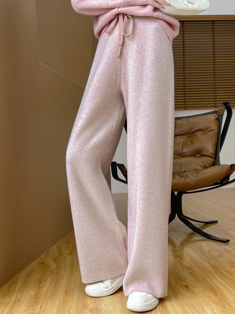 Autumn Winter New Women's Knitted Herringbone Pattern Pants Casual Loose Wide Leg Pants 100% Merino Wool Pants Fashion Korean