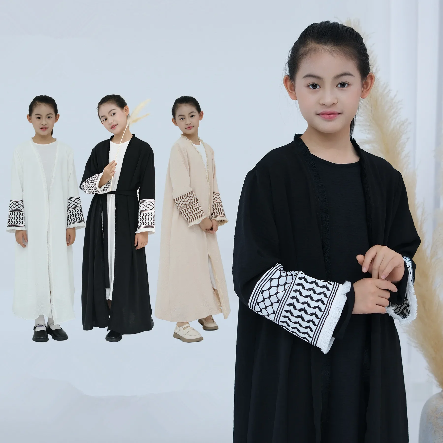 Ricamo Abaya aperto per le donne bambini ragazze nappa Kimono Cardigan abito musulmano Dubai turchia caftano abito arabo saudita Jalabiya