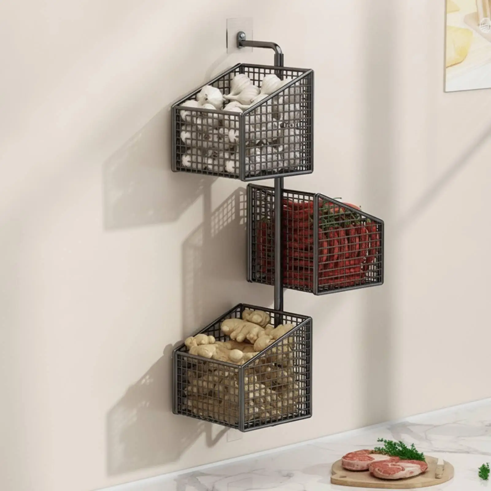 Wall Mounted Metal Spice Rack Rotating Wire Basket for Kitchen Pantry Storage Garlic Onion Holder