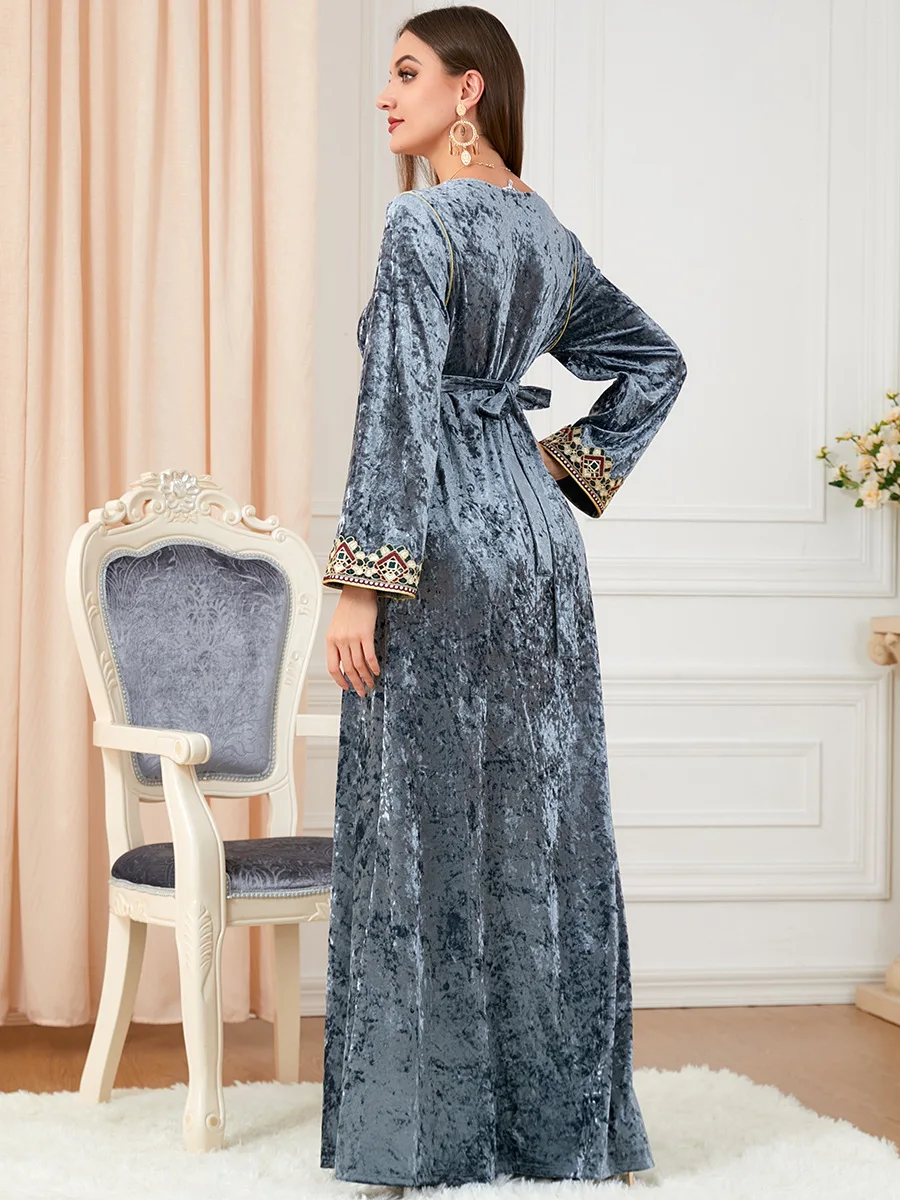 Nhung Hồi Giáo Đầm Nữ Abaya Thêu Maroc Đầm Dự Tiệc Mùa Đông Làm Dày Chia Abayas Dài Hồi Giáo Nhĩ Kỳ Tiếng Ả Rập Dài Áo Dây