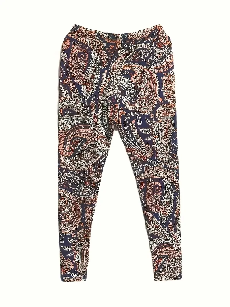 Plus Size Boho Leggings Women's Plus Paisley Print Elastic High Rise Slight Stretch Skinny Leggings